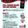 Cell Phone Rules for CMV Drivers safety poster outlining FMCSA regulations, including do’s and don’ts, penalties, and crash risks for commercial drivers.