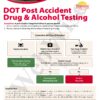 DOT post-accident drug and alcohol testing decision flowchart poster for CMV drivers, detailing when testing is required after a fatality, injury, or tow-away crash. Includes FMCSA compliance guidelines and testing timeframes.